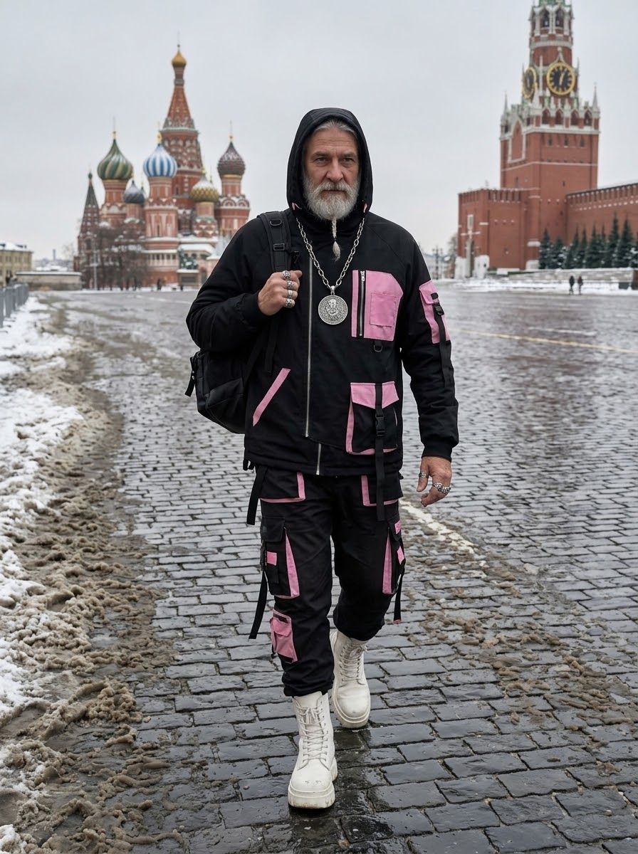 Мужчина в чёрном техвире идёт по заснеженной Красной площади на фоне собора и Спасской башни