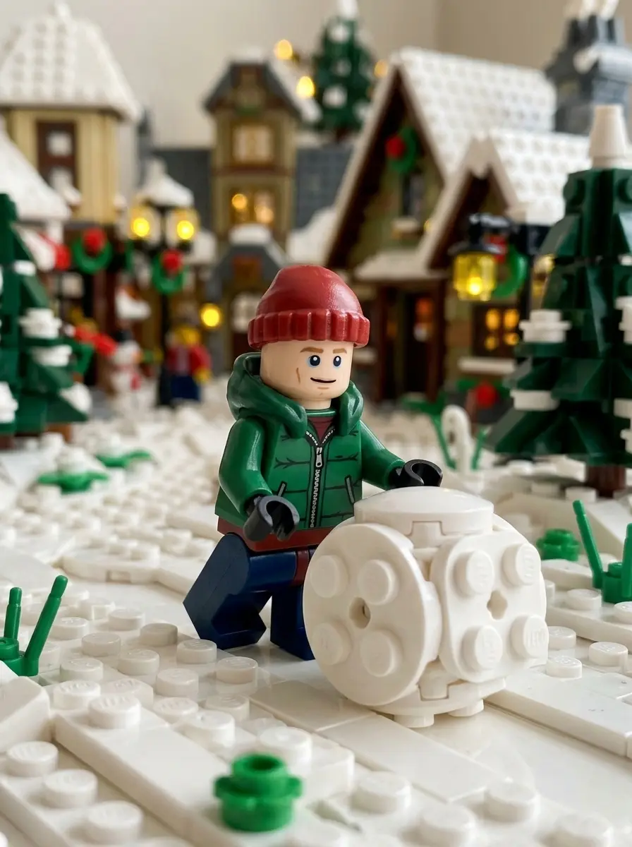 LEGO-минифигурка в зимней деревне — пример ИИ-фото по промту