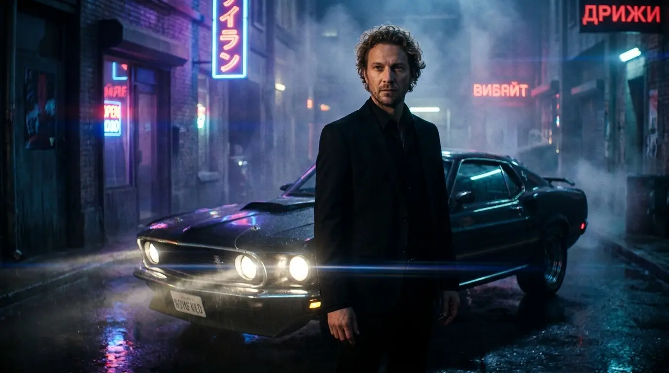 Мужчина в чёрном костюме стоит у чёрного Mustang в дождливом переулке с неоновыми вывесками