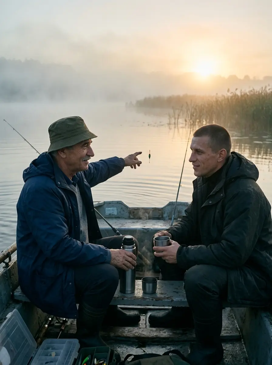 Рыбалка с папой на рассвете — пример ИИ-фото по промту
