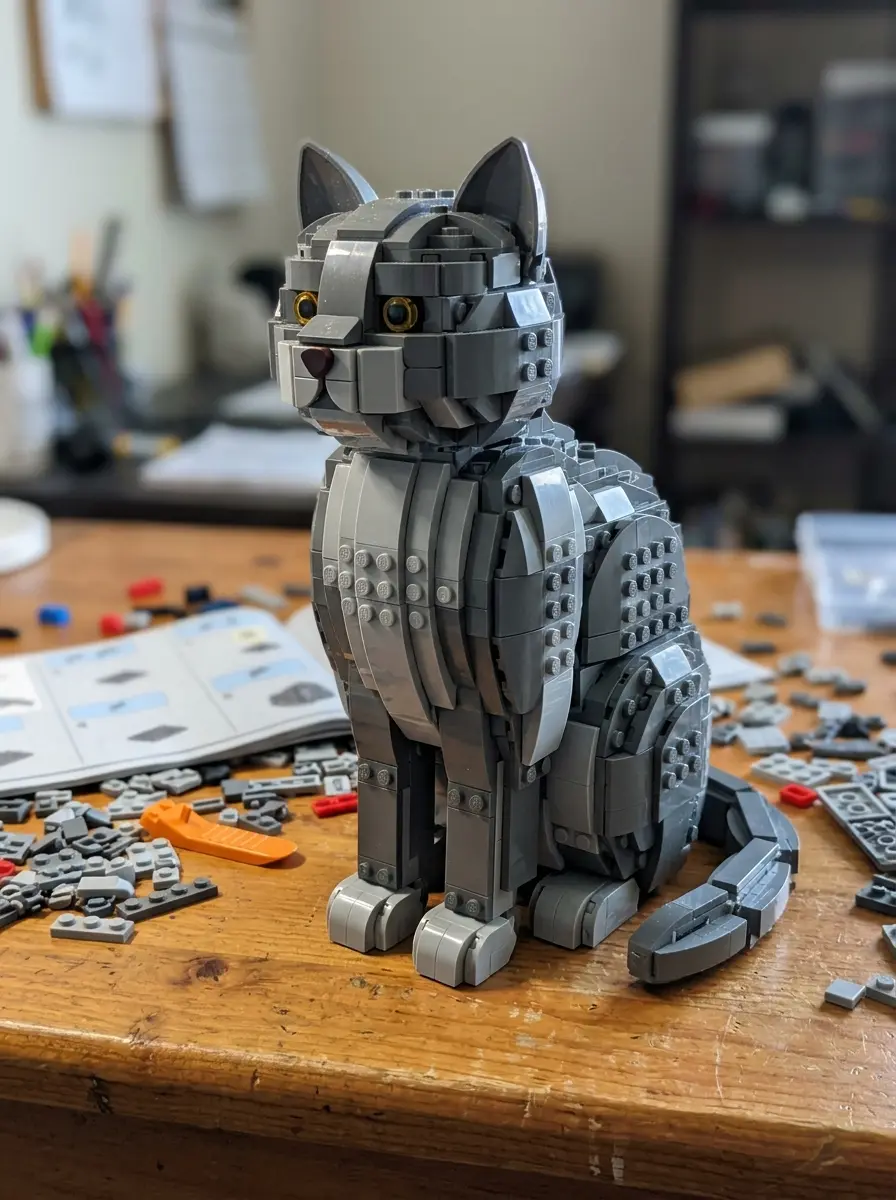 Кот из деталей LEGO — пример ИИ-фото по промту