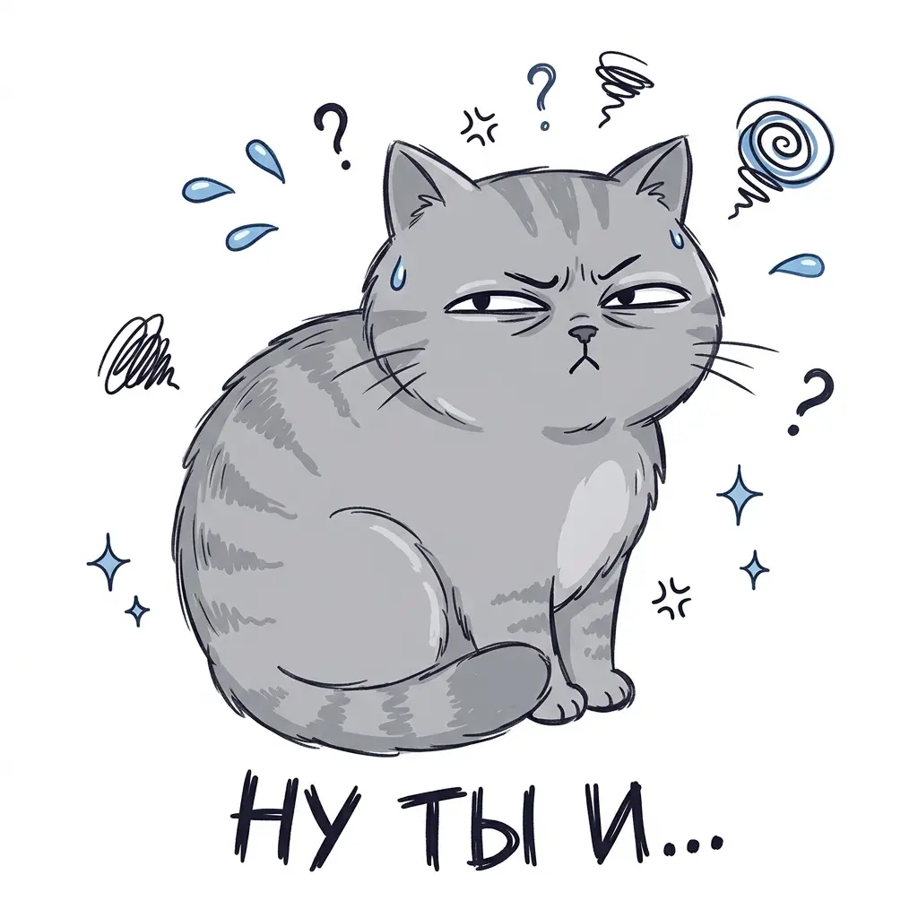 Стикер «Ну ты и…» из фото кота — пример ИИ-фото по промту