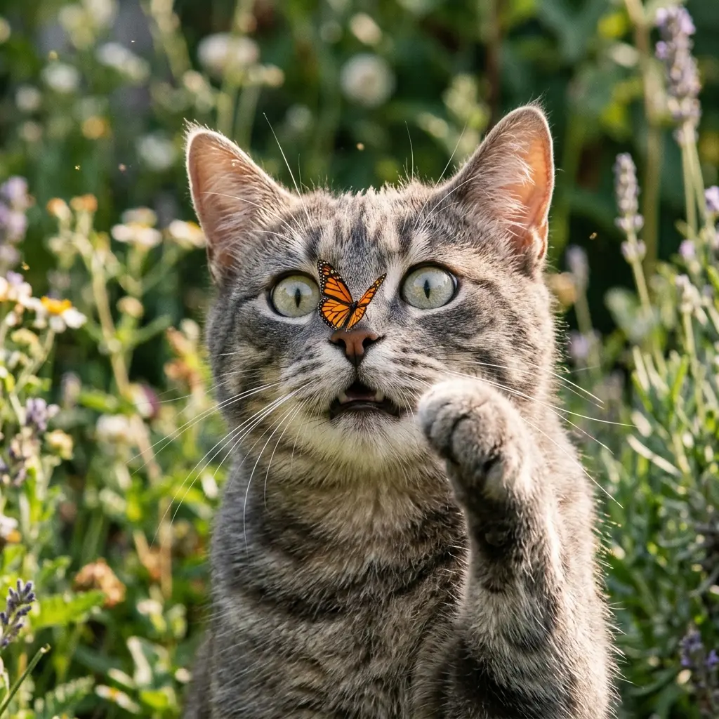 Кот и бабочка — пример ИИ-фото по промту