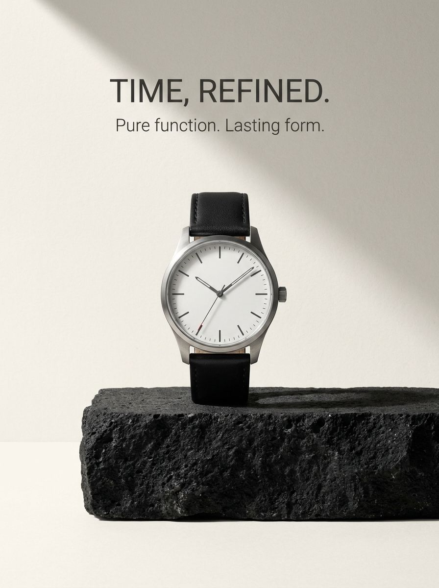 Стальные часы с белым циферблатом на чёрном камне, сверху надпись TIME, REFINED на светлом фоне