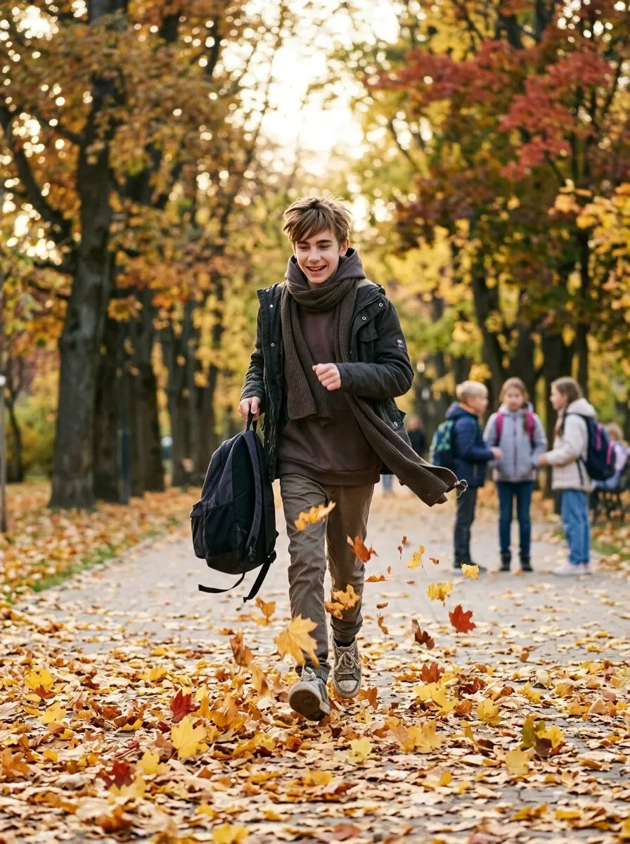 Дети с портфелями в листопаде — пример ИИ-фото по промту