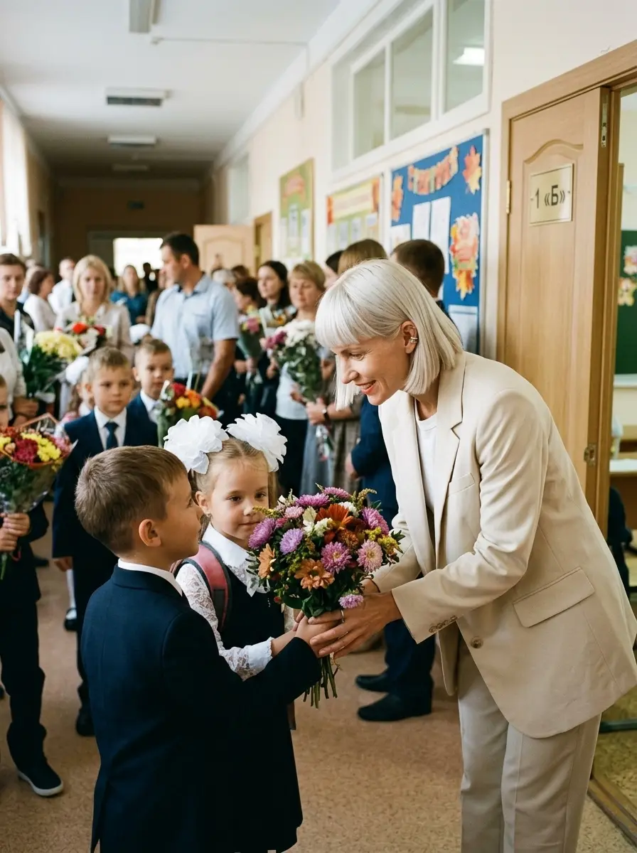Учительница встречает свой первый класс — пример ИИ-фото по промту