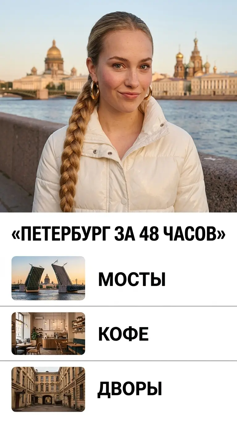 Девушка со светлой косичкой в белом пуховике на набережной, ниже список «Мосты», «Кофе», «Дворы»