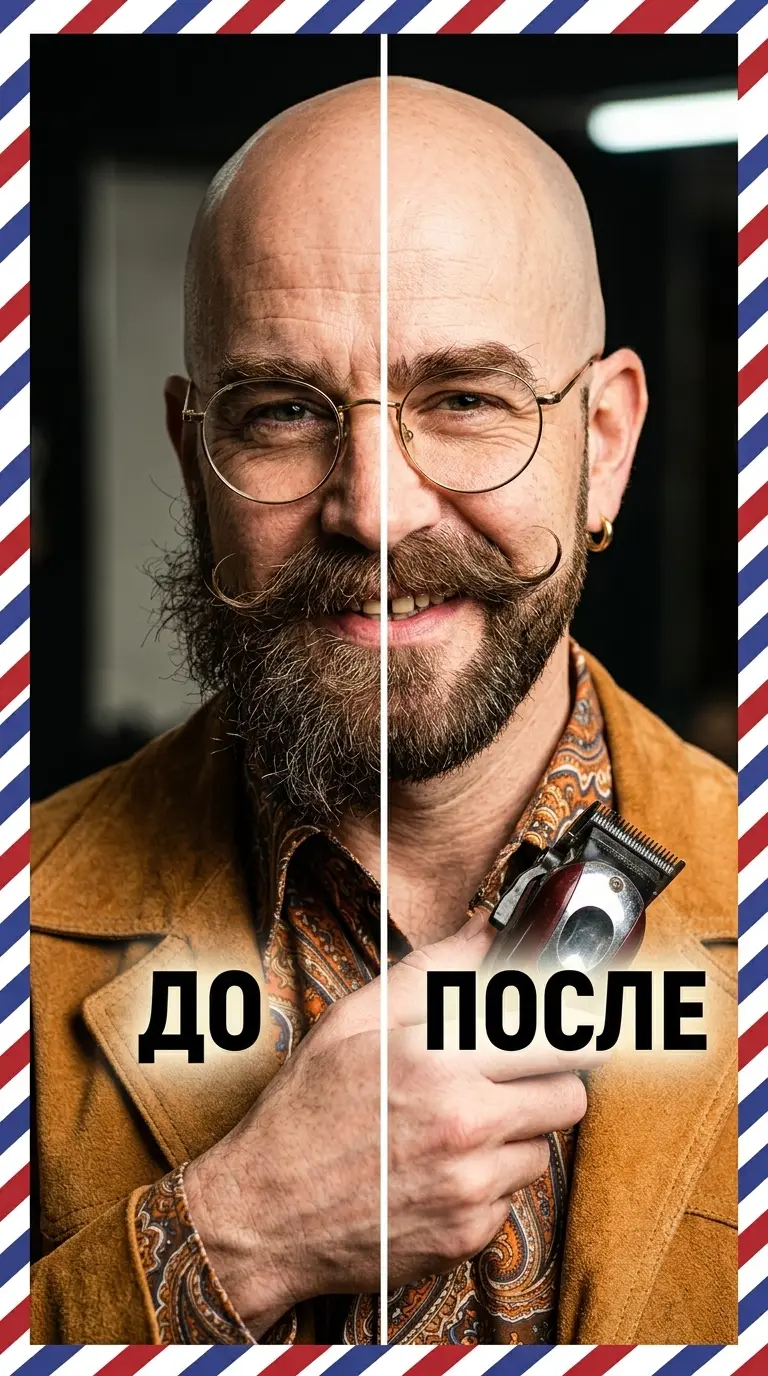 Лысый бородатый мужчина в очках с машинкой для стрижки на обложке «до и после» барбершопа