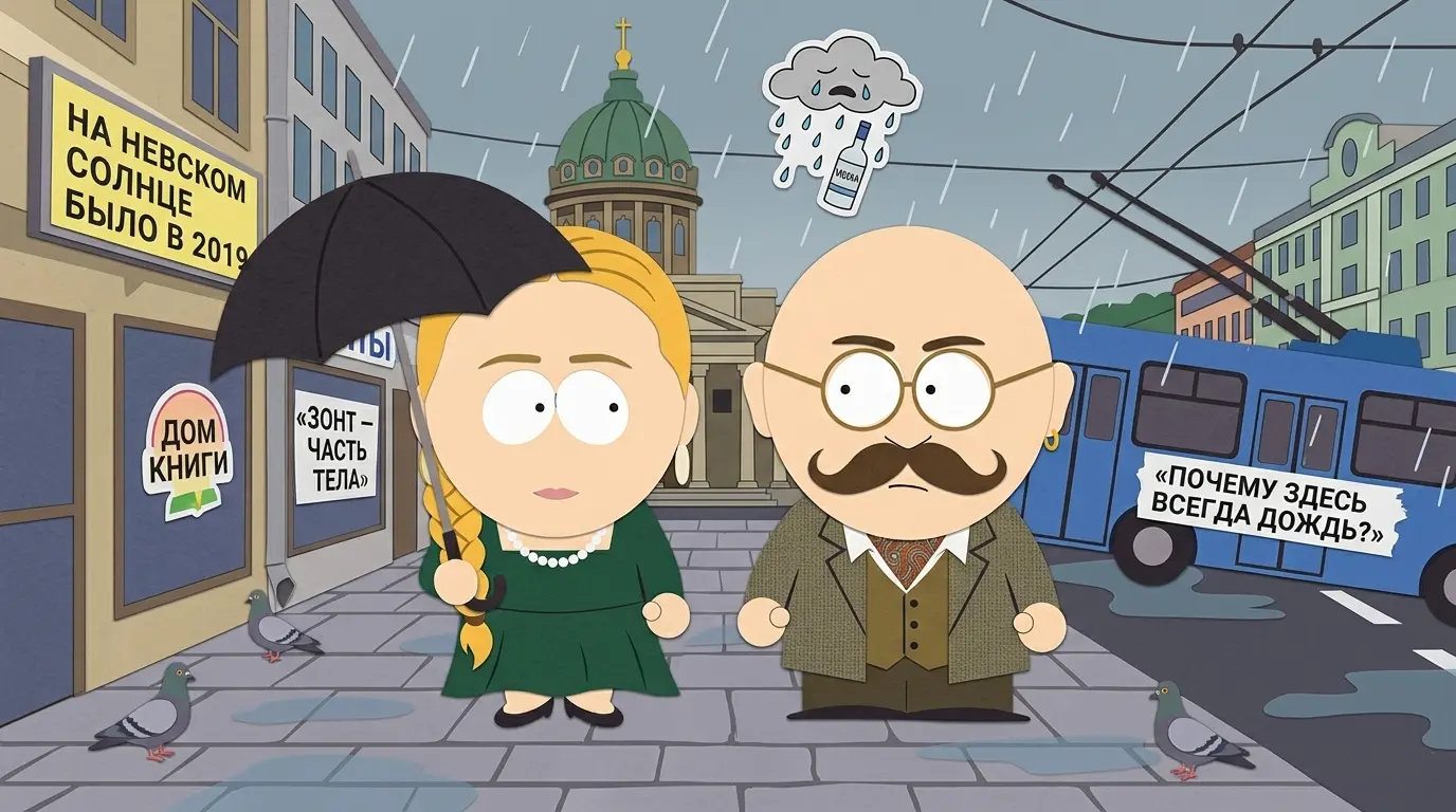 Мультяшная пара в стиле South Park под зонтом на Невском проспекте рядом с троллейбусом и голубями
