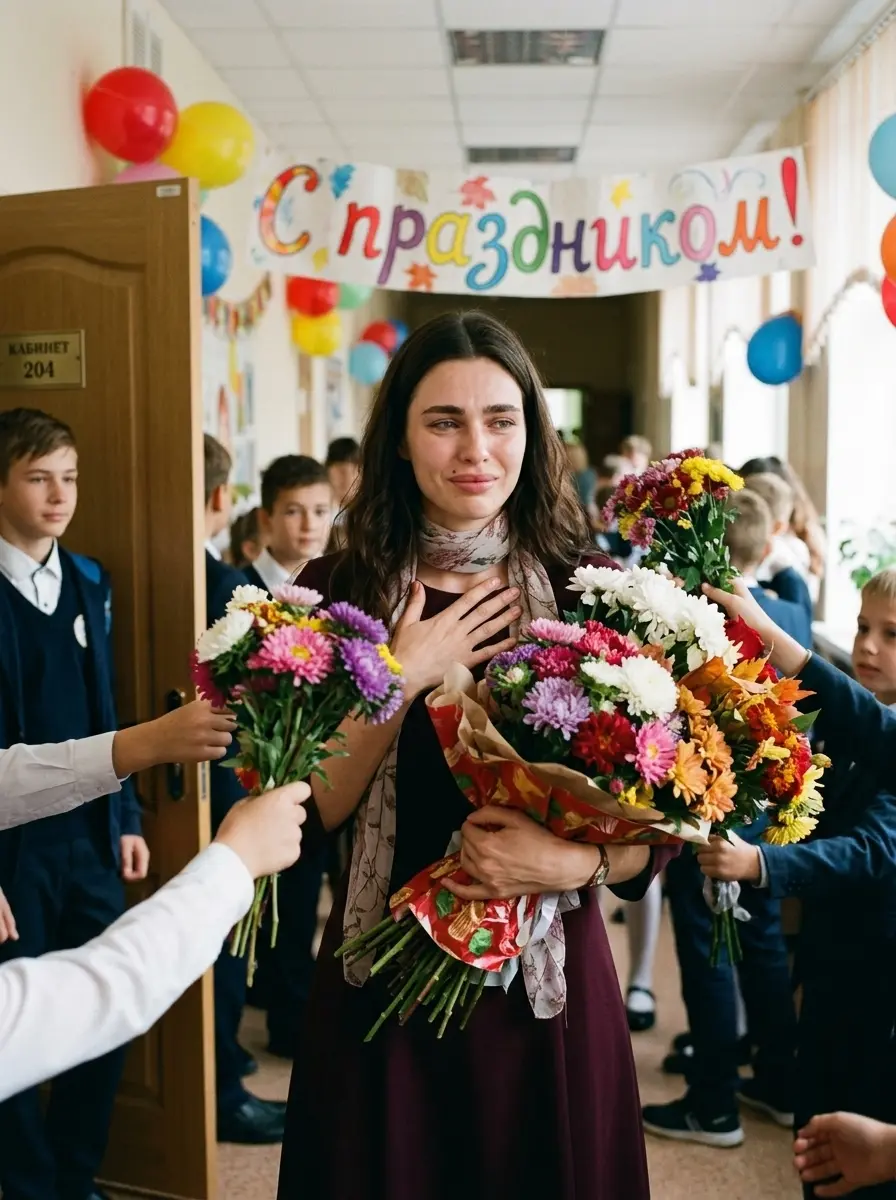 Ученики дарят охапку астр — пример ИИ-фото по промту