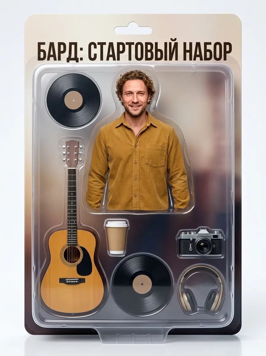 Экшен-фигурка мужчины в горчичной рубашке в блистере с гитарой, пластинками, камерой и наушниками
