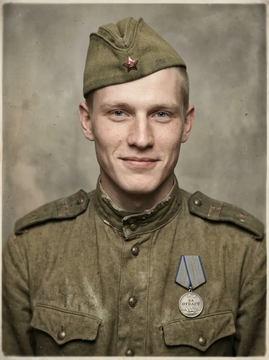Раскрашенный портрет в гимнастёрке 1945 года — пример ИИ-фото по промту