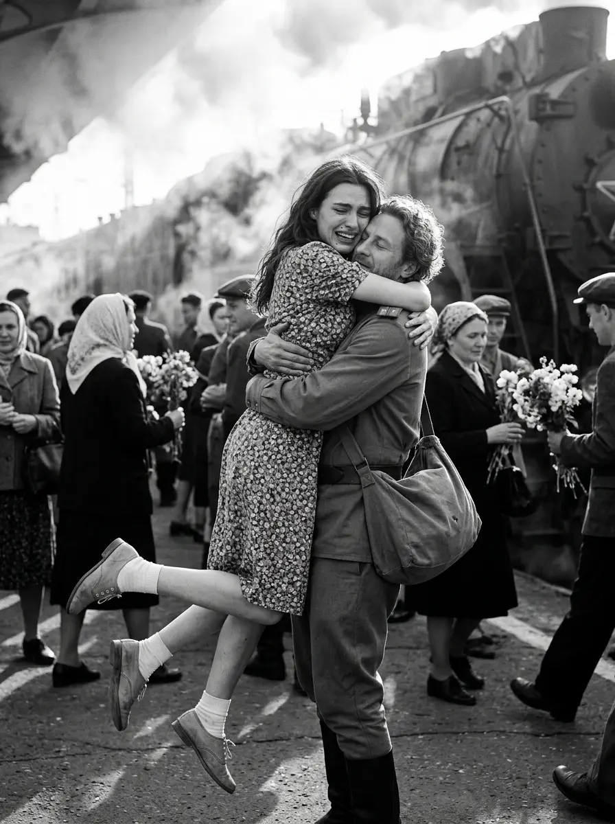 Встреча на вокзале, май 1945-го — пример ИИ-фото по промту