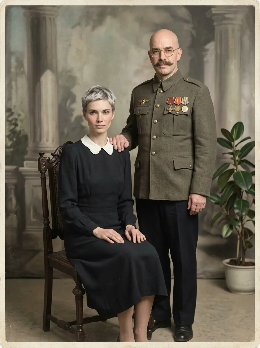 Парадный снимок пары в фотоателье 1945-го — пример ИИ-фото по промту