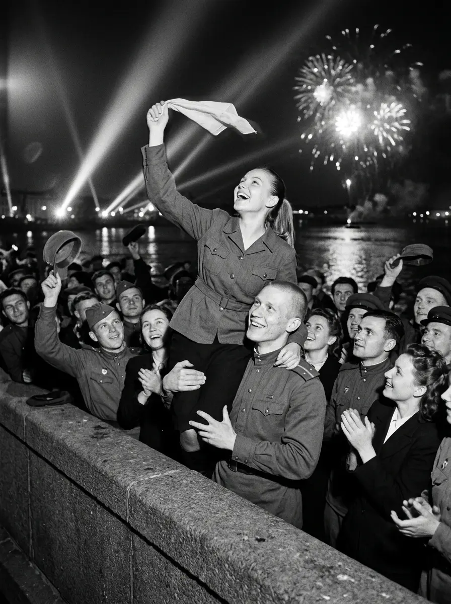 Салют Победы на мосту, 1945 — пример ИИ-фото по промту
