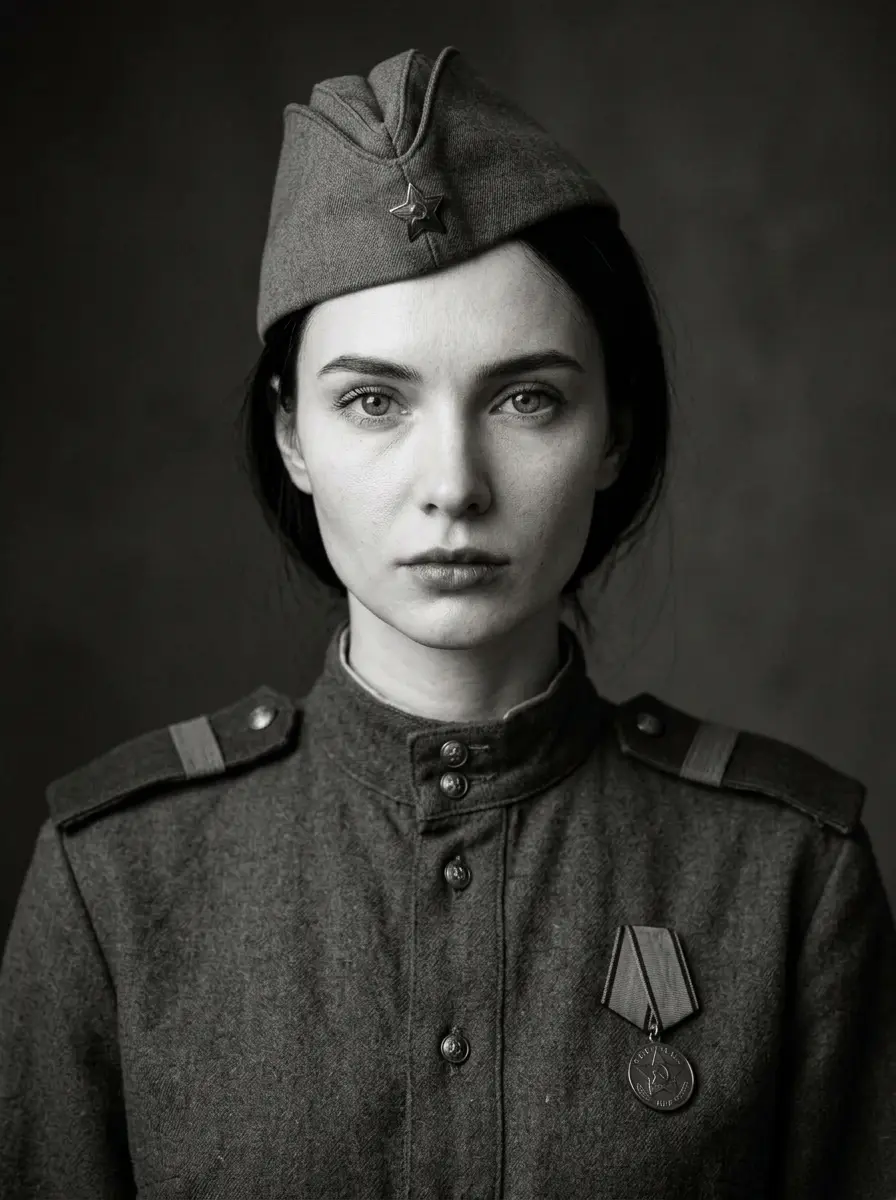Ч/б портрет девушки в пилотке — пример ИИ-фото по промту