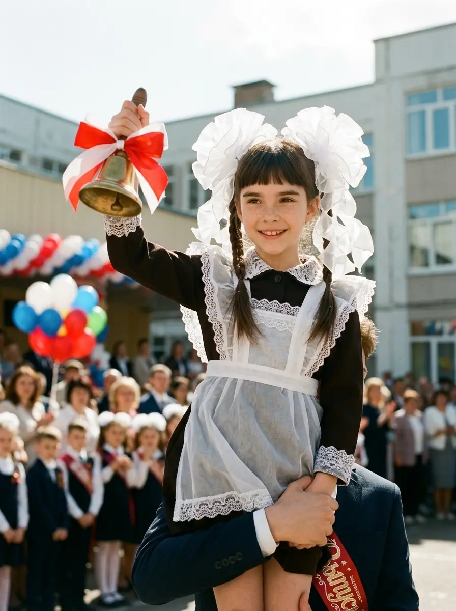 Последний звонок с колокольчиком на плече — пример ИИ-фото по промту