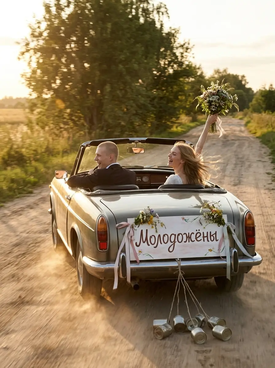 Молодожёны в ретро-кабриолете — пример ИИ-фото по промту