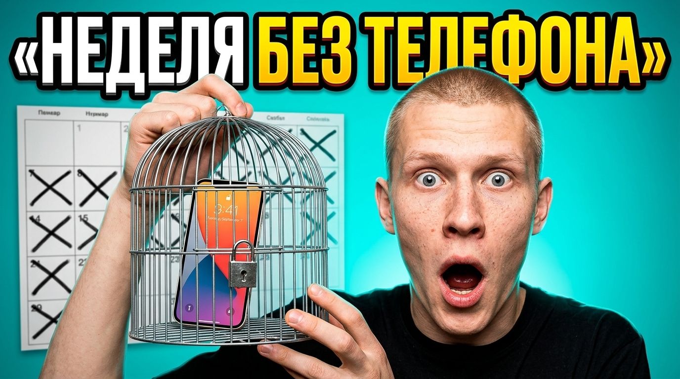 Шокированный парень держит клетку со смартфоном на бирюзовом фоне, надпись «Неделя без телефона»