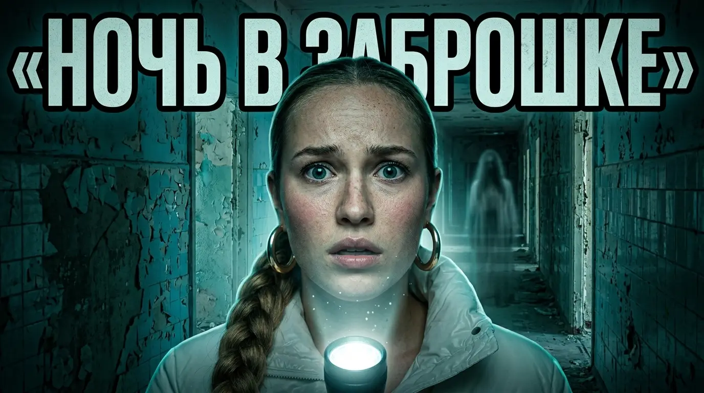 Испуганная девушка с фонариком в тёмном коридоре заброшки, вдали призрак, надпись «Ночь в заброшке»