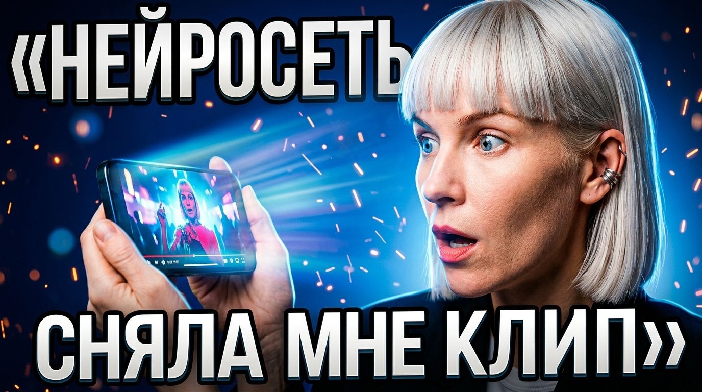 Женщина с белым каре изумлённо смотрит на светящийся экран, надпись «Нейросеть сняла мне клип»